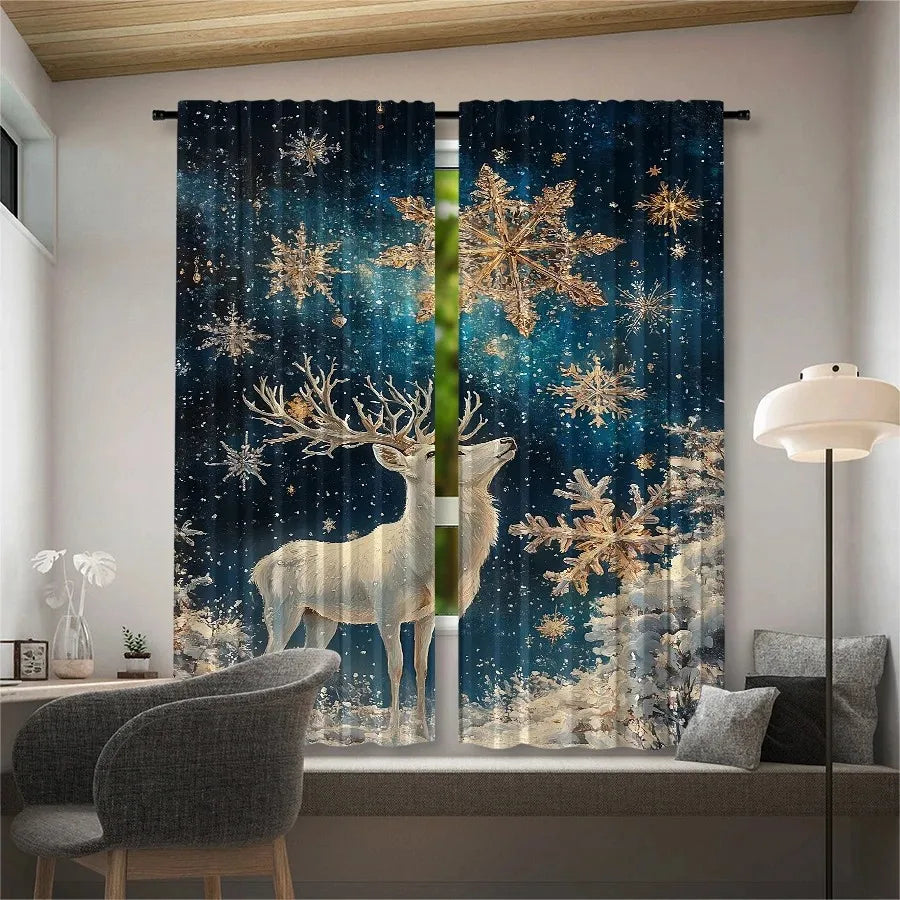 2pcs Sparkling Snowflake Deer Curtain, Winter Window Decor Polyester Drapes.