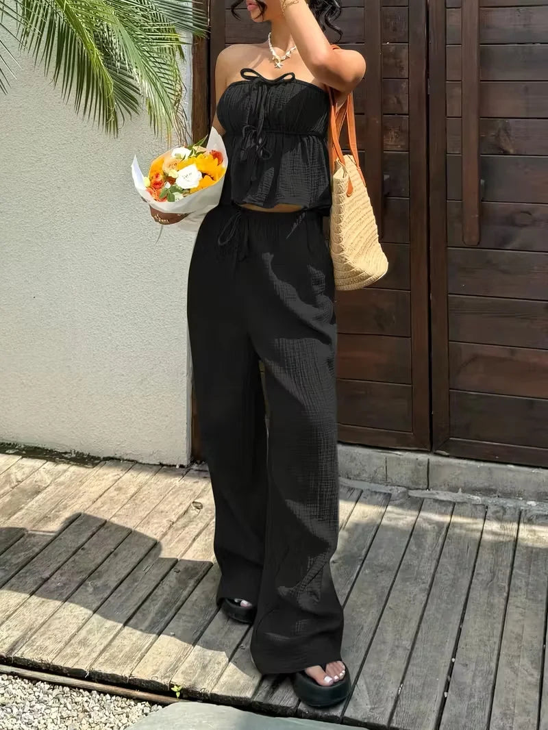 2 piece sets woman outfits, New women's casual two-piece lace up top and pants.