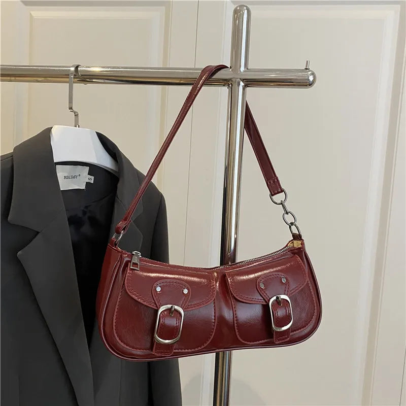 Fashion Pu Leather Women's Shoulder Bag, Small Double Pocket Design Ladies Underarm Bags Y2k. Vintage Female Handbags Clutch Purse