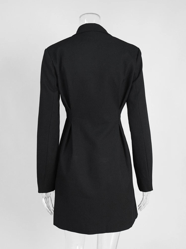 Woman Clothes Elegant Double Breasted Tunics Blazer Dresses ,Long Sleeve Buttons Solid Black Short Dress