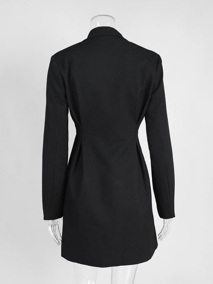 Woman Clothes Elegant Double Breasted Tunics Blazer Dresses ,Long Sleeve Buttons Solid Black Short Dress