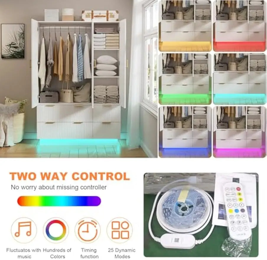 Armoire Wardrobe Closet with 3 Door, Mirror and LED Lights, Hanging Rod, Drawers.