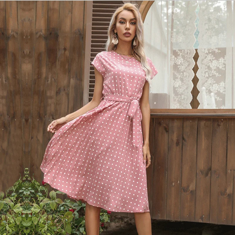 Summer Dresses For Women High Waist Midi Elegant Pleated Polka Dots , Dinner Party Vacation Dress.
