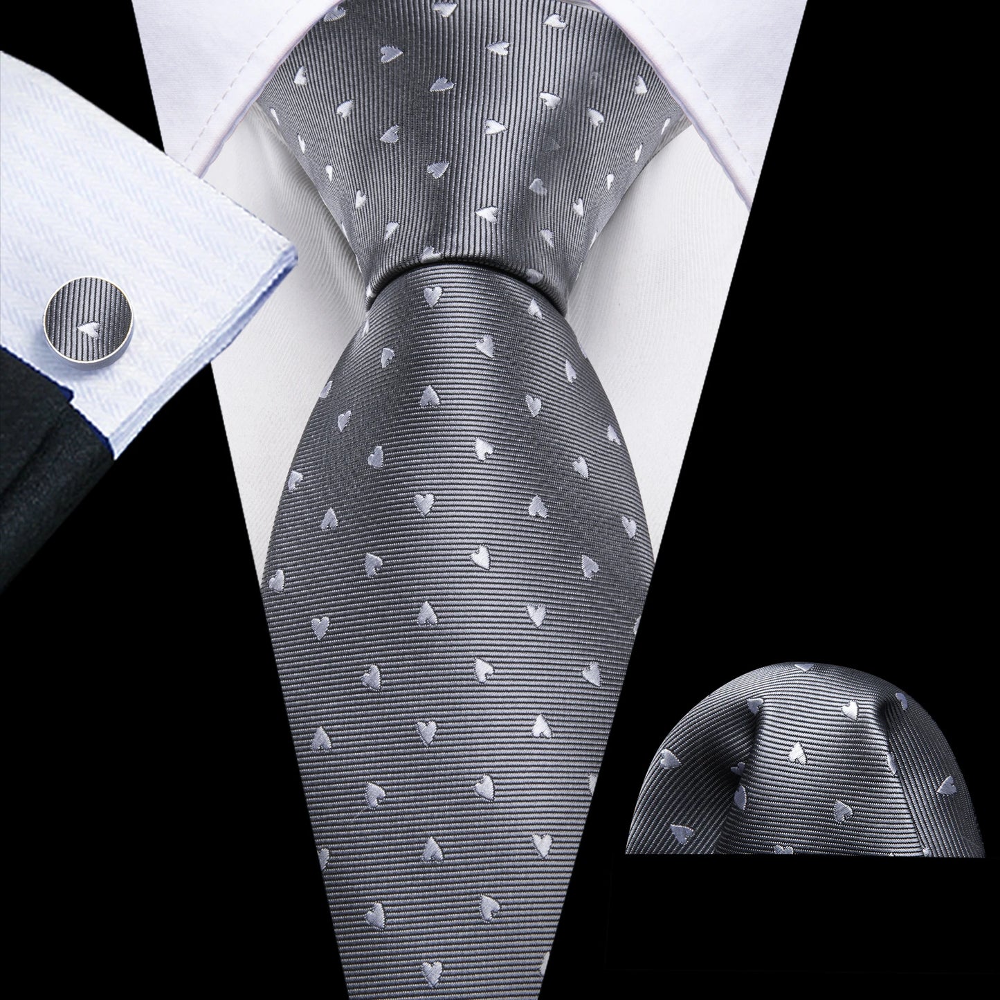 Black White Gray Silver Men Tie Handkerchief Cufflinks Set.