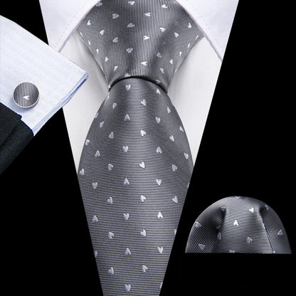 Black White Gray Silver Men Tie Handkerchief Cufflinks Set.