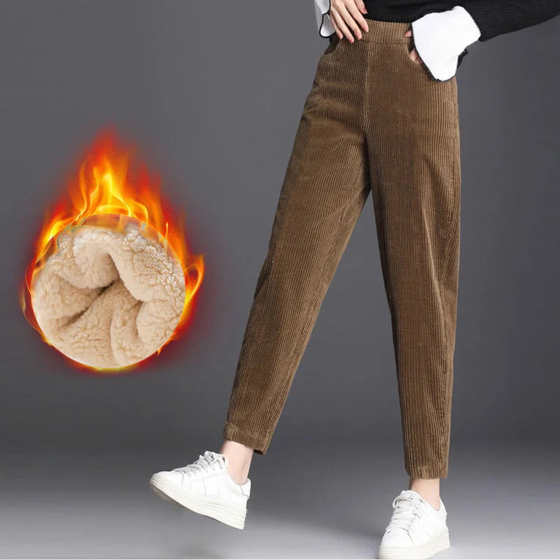 Women Corduroy Warm Pants Thick Plush Casual  Trousers.