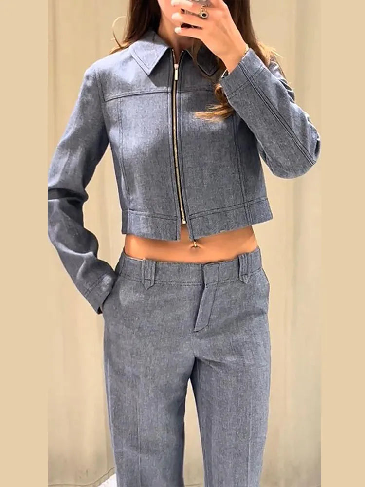 Women's Outwear 2 Piece Set Coats Pants ,Zipper Short Jackets, Straight-Leg Trouser Woman Clothes