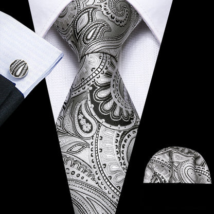 Black White Gray Silver Men Tie Handkerchief Cufflinks Set.
