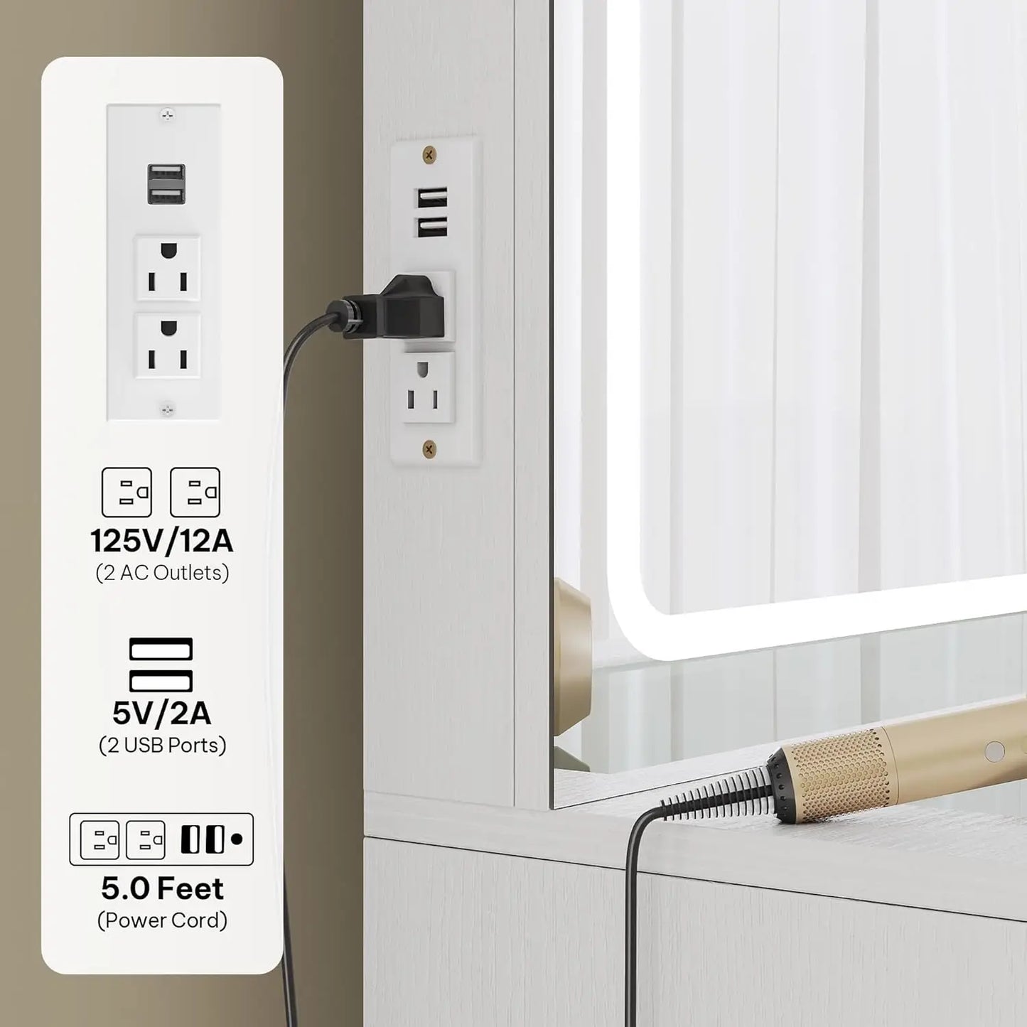 Vanity Desk with Mirror and Lights, Charging Station, Makeup Table with 8 Drawers, Dimmable Lighting