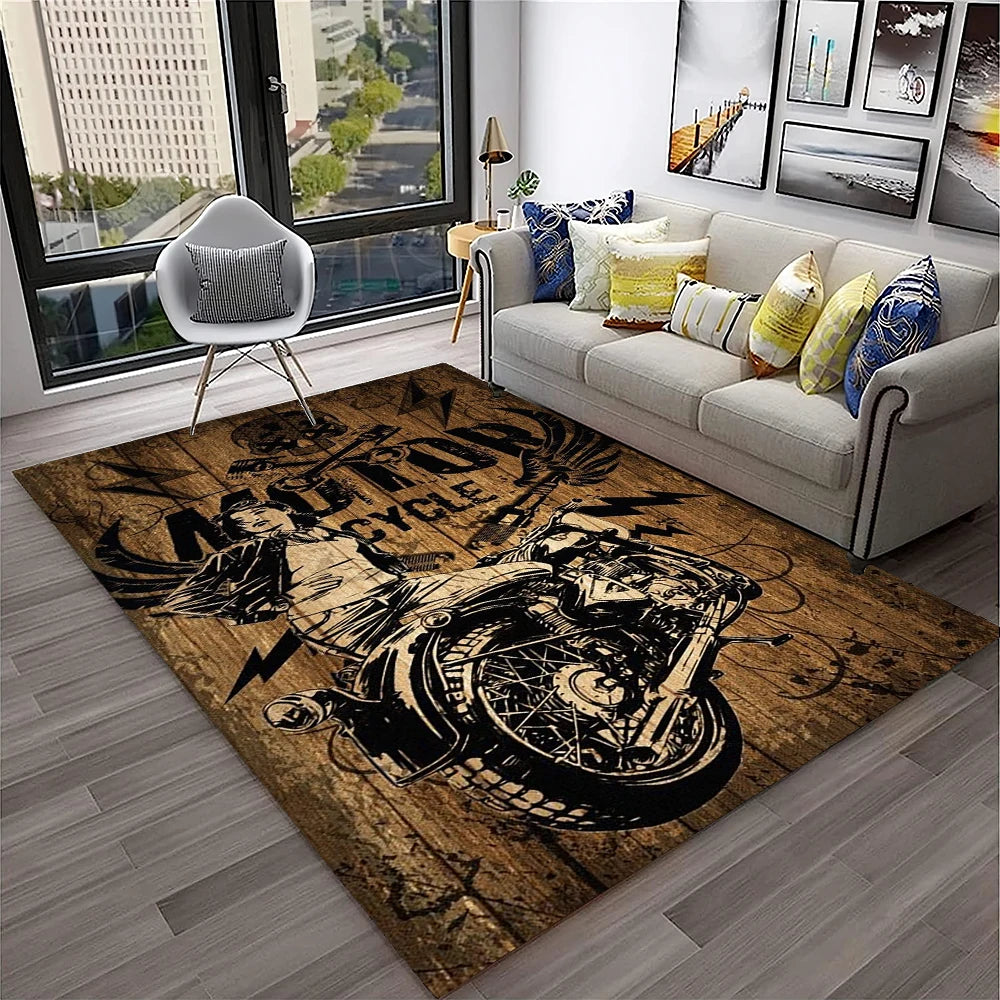 3D Retro Motorcycle Vintage  Rug for Living Room, Bedroom, Playroom Kid Area Rug Non-slip
