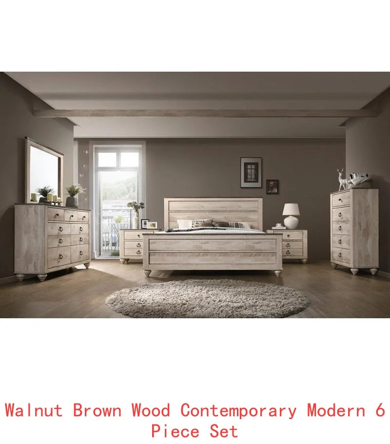 Contemporary White Wash Finish 6-Piece Bedroom Set: King Bed, Dresser & Mirror, 2 Nightstands, Chest