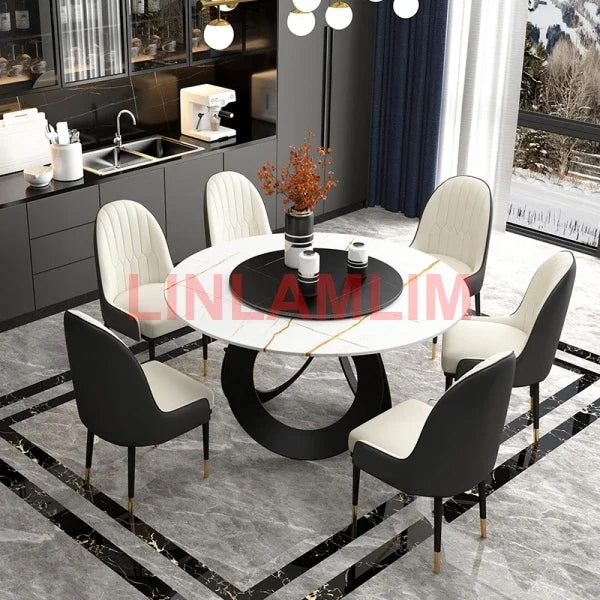 Linlamlim Dining Room furniture, sintered stone Table Set Featuring Leather Chairs.