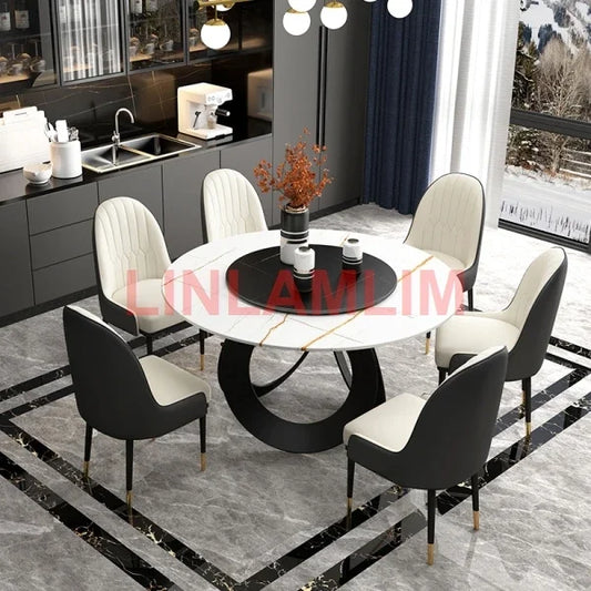Linlamlim Dining Room furniture, sintered stone Table Set Featuring Leather Chairs.