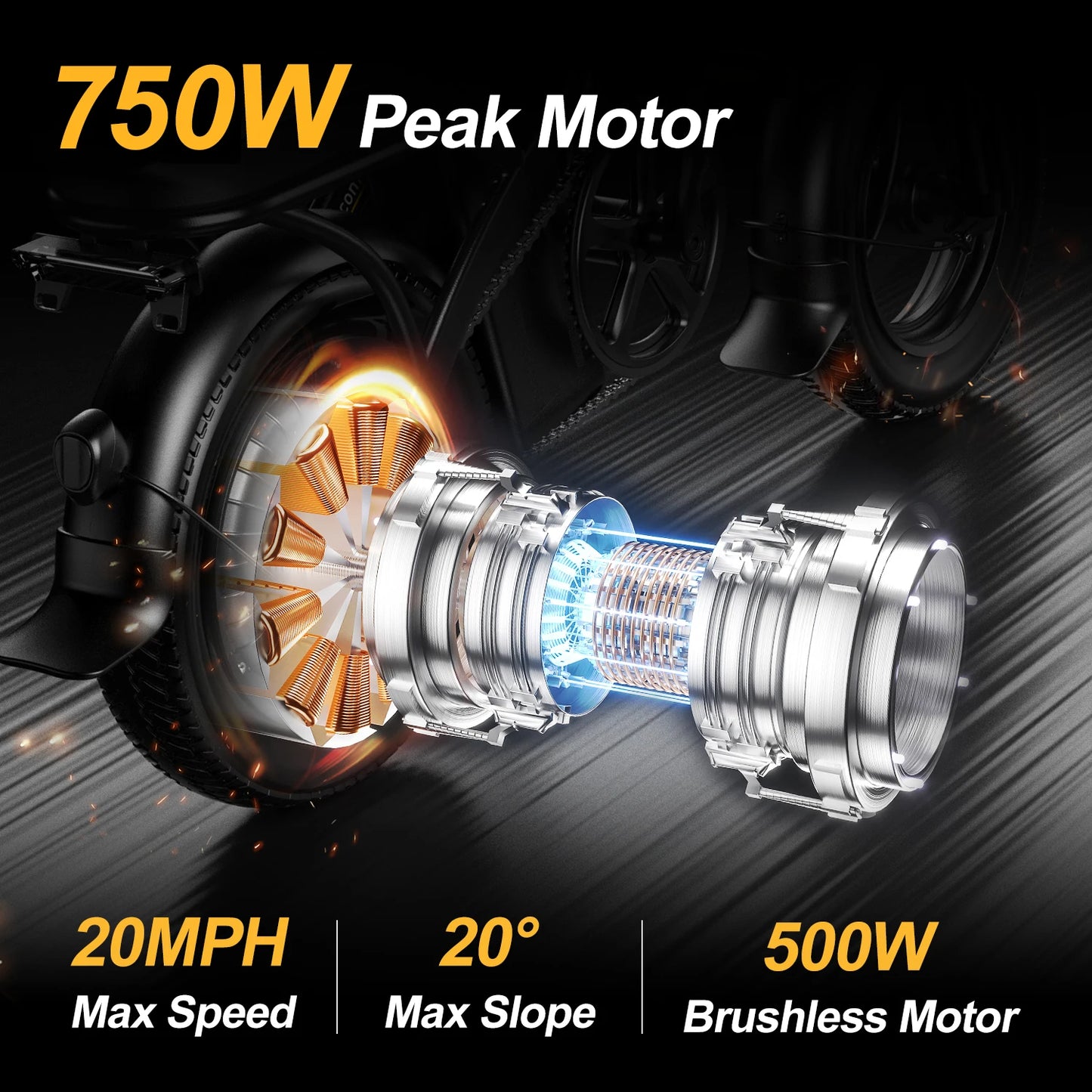 Peak 750W Electric Bikes Adult, 48V 480Wh Removable Battery, 20MPH Compact Folding With LCD Display, 20-30Miles Commute.