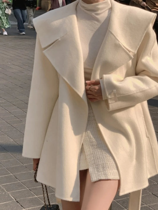 Winter Wool Coat Women, Chic Navy Collar, Belted Waist