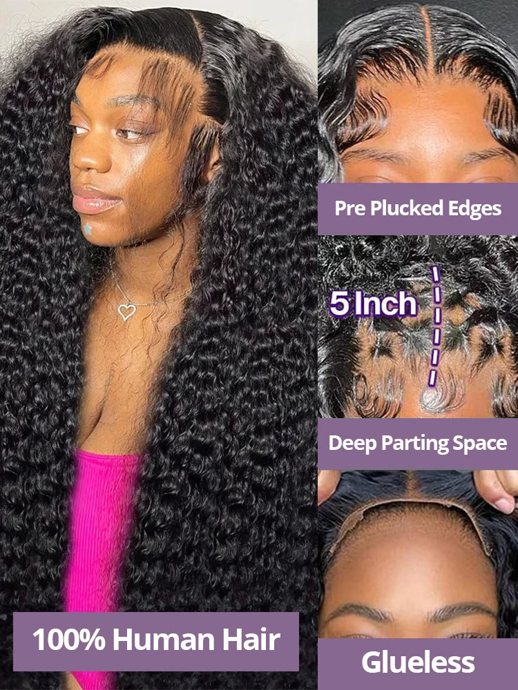 40 Inch Human Hair Wig Deep Wave, 13X6 Hd Curly Lace Glueless Human Hair,100 Frontal 7X5 Lace Wigs Natural Black Curly Wig.