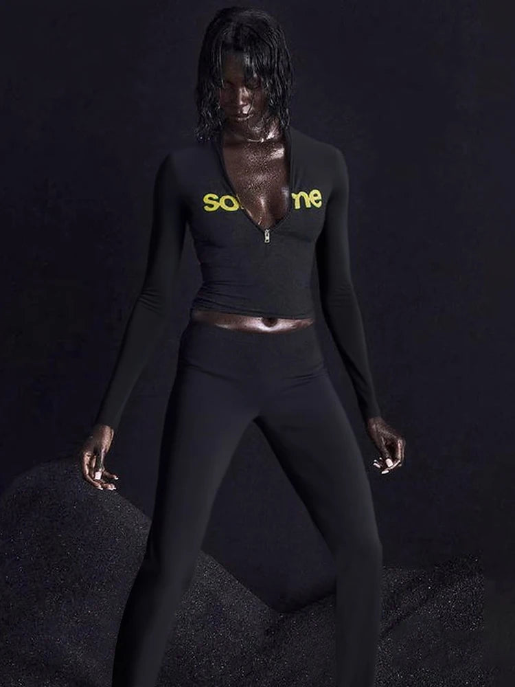 Casual Sporty Women 2 Piece Set, Fashion Basic Letter Print, Zip-up Full Sleeve Tops+ Pants Female Tracksuits.