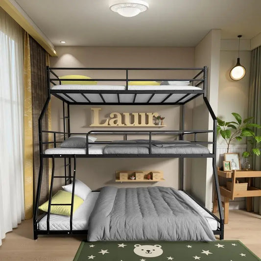 Triple Bunk Bed with Long & Short Ladder, Full-Length Guardrails, Easy Assembly, for Kids.