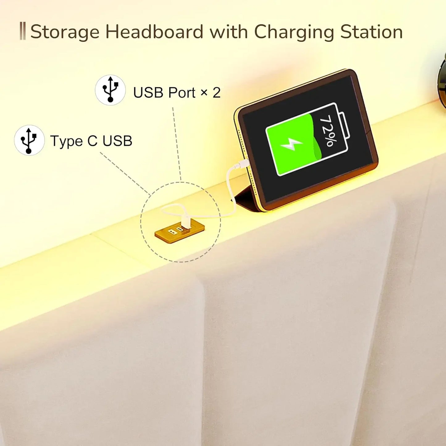 Velvet Headboard and LED Lights  Platform Bed with Charging Station King Size Bed Frame