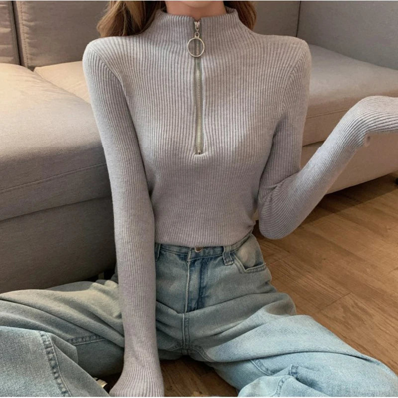 Knitted Women Zipper Half High Neck Sweater Solid Knitwear.