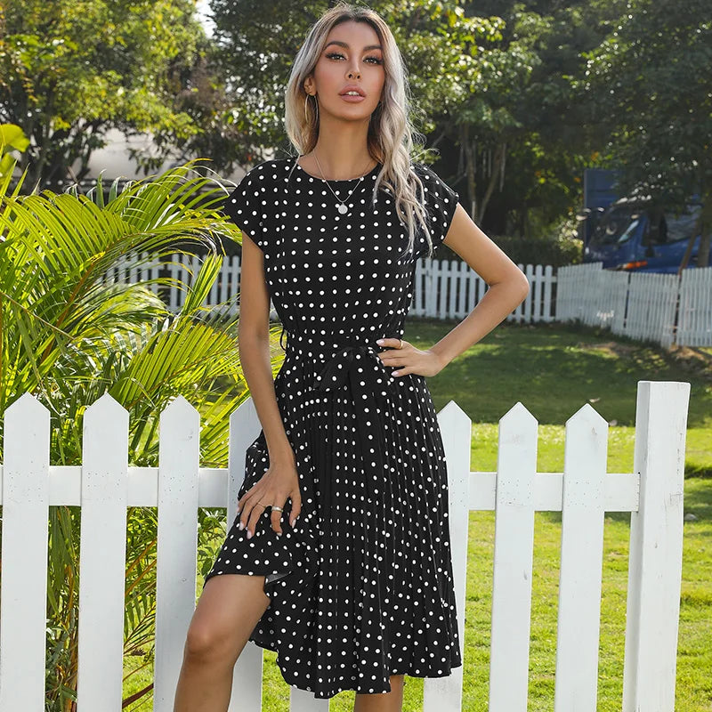 Summer Dresses For Women High Waist Midi Elegant Pleated Polka Dots , Dinner Party Vacation Dress.