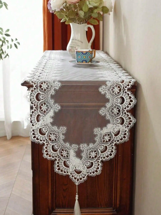 1 Piece of Mesh Lace Embroidered Table Runner, French Simple Polyester Fiber with Pendant, Suitable for Dining Table, Coffee Table, Chest of Drawers, and Shoe Cabinet.