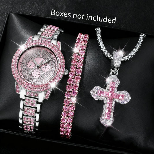 1/3PCS Luxury Rhinestone Women Watch, Diamond Jewelry Set, Elegant Steel Ladies Quartz Wristwatch.