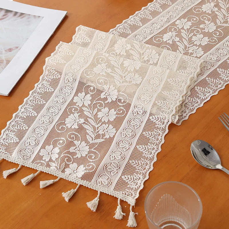 Beige morning glory flower hanging tassel table flag, countryside style dining table decoration, non slip and beautiful.