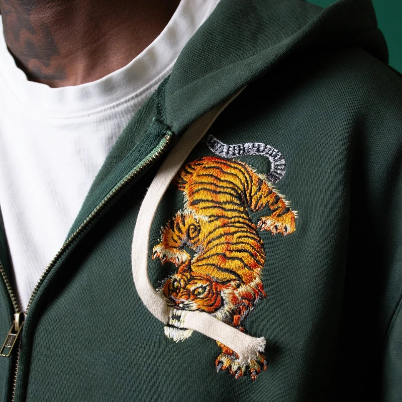 Y2K Retro Hoodie Tiger Jaw Embroidery Double Zippers Sweatshirt, Men Harajuku Trendy Casual Streetwear Unisex Oversized Clothing.