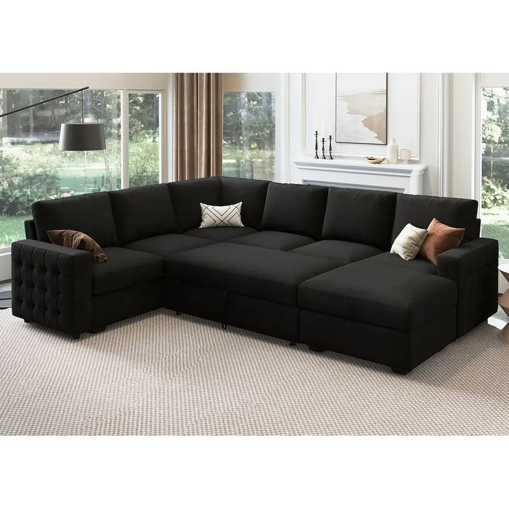 6-Seater U-Shaped Sectional Sofa with Pull-Out Bed and Storage Chaise in Velvet Black.