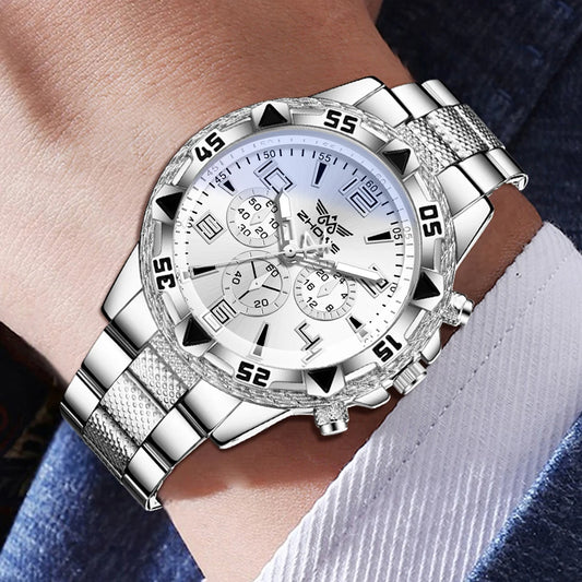 4PCS Silver Men's Fashion Casual Quartz Watch Bracelet Necklace Ring Set.