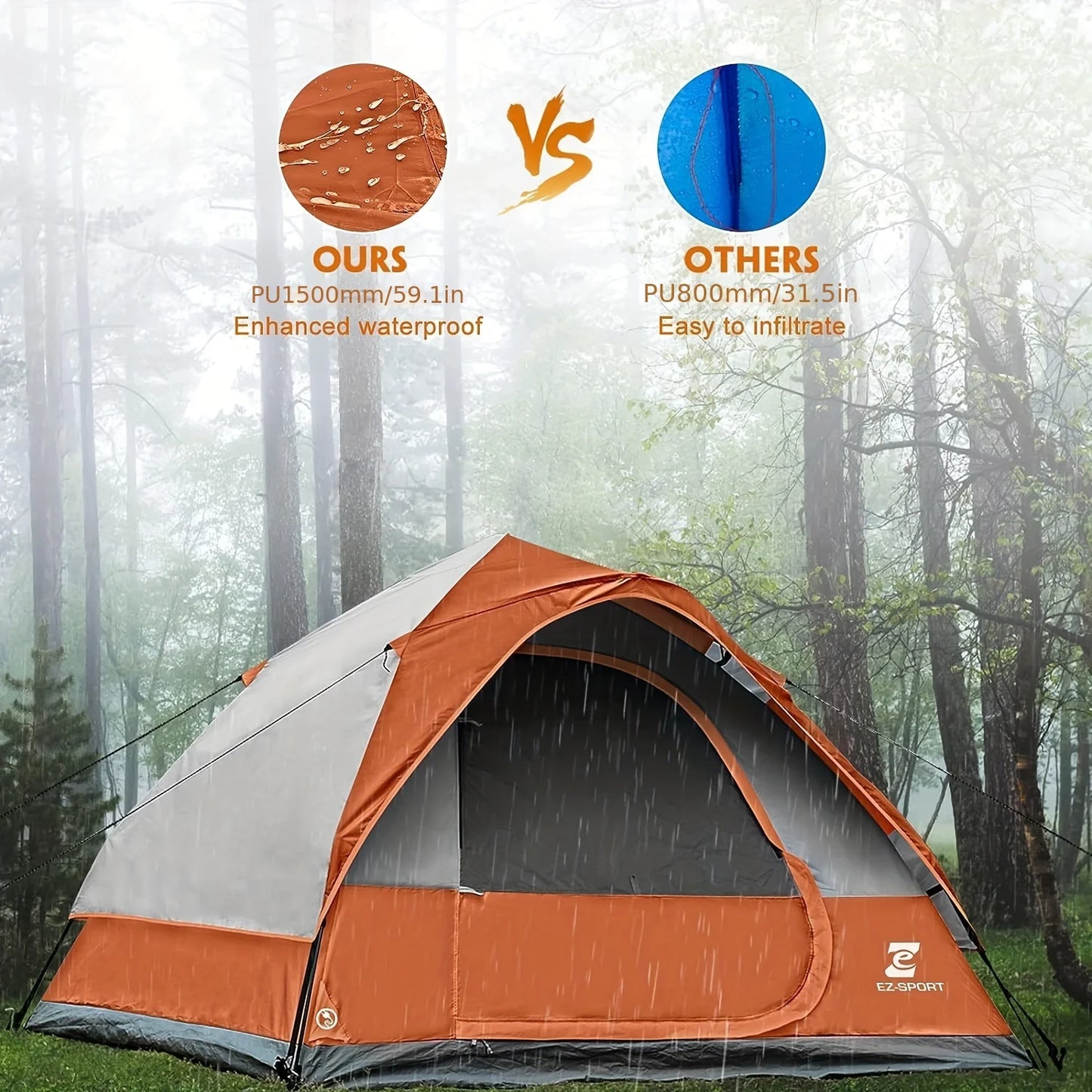 Pop Up Camping Tent - 4 Person Instant Easy Set Up Tent, Removable Rain Fly.
