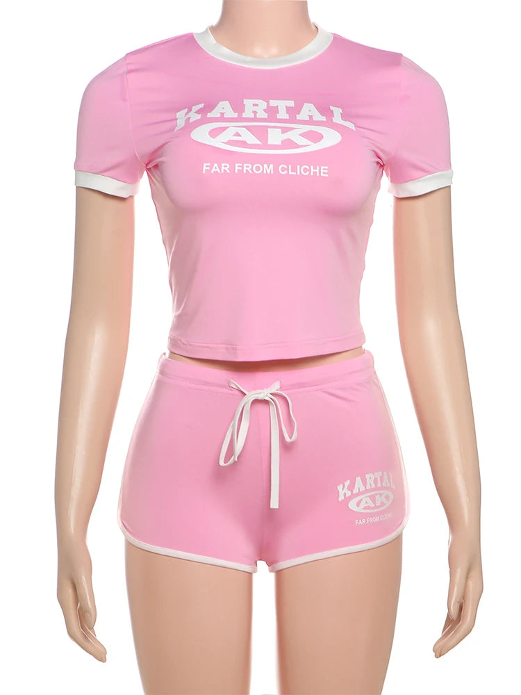 Nibber Tracksuit Letter Print 2 piece Set Women Activity Shorts Sleeve Crop.