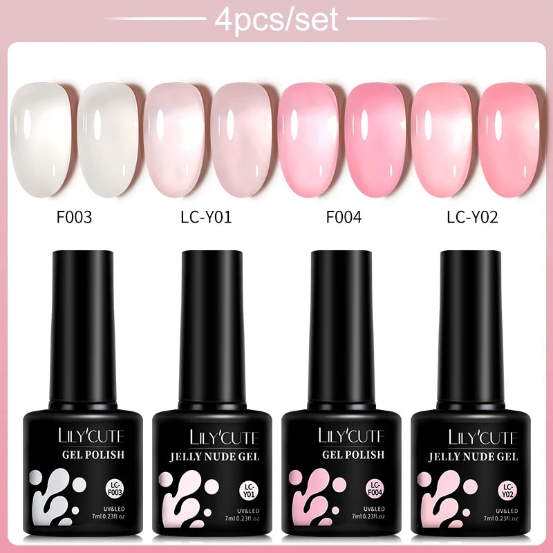 LILYCUTE 4/5Pcs/Set 7ML Nude Pink Gel Nail Polish, and Translucent Jelly Nail Art Gel, Semi Permanent Design Manicure Set.