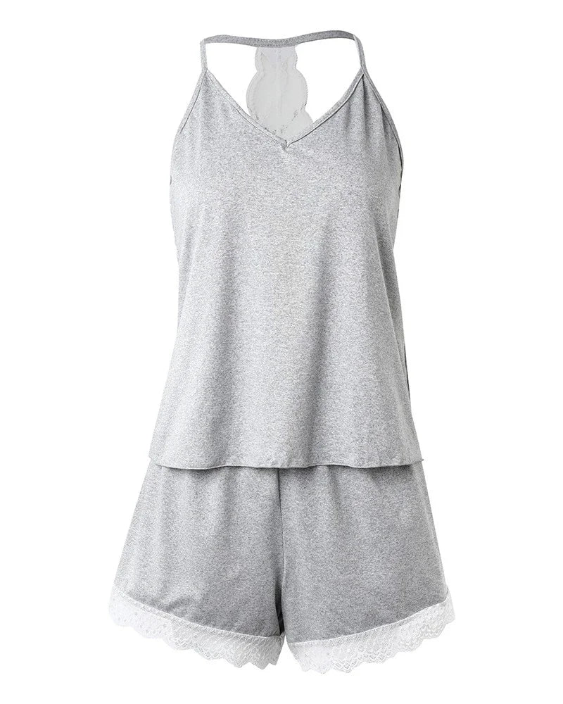 Women's Crochet Lace 2 Pieces Pajamas, Sleeveless V-Neck  Casual Sleepwear.