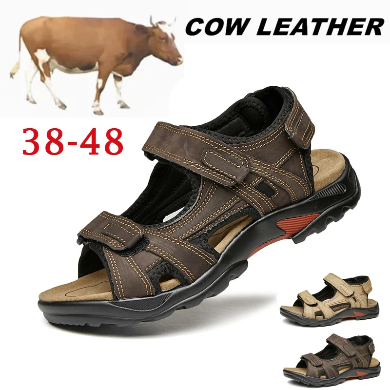 COW LEATHER Men Sandals Outdoor Beach Sports Shoes, Genuine Leather Roman Sandals Plus Size 38-48.