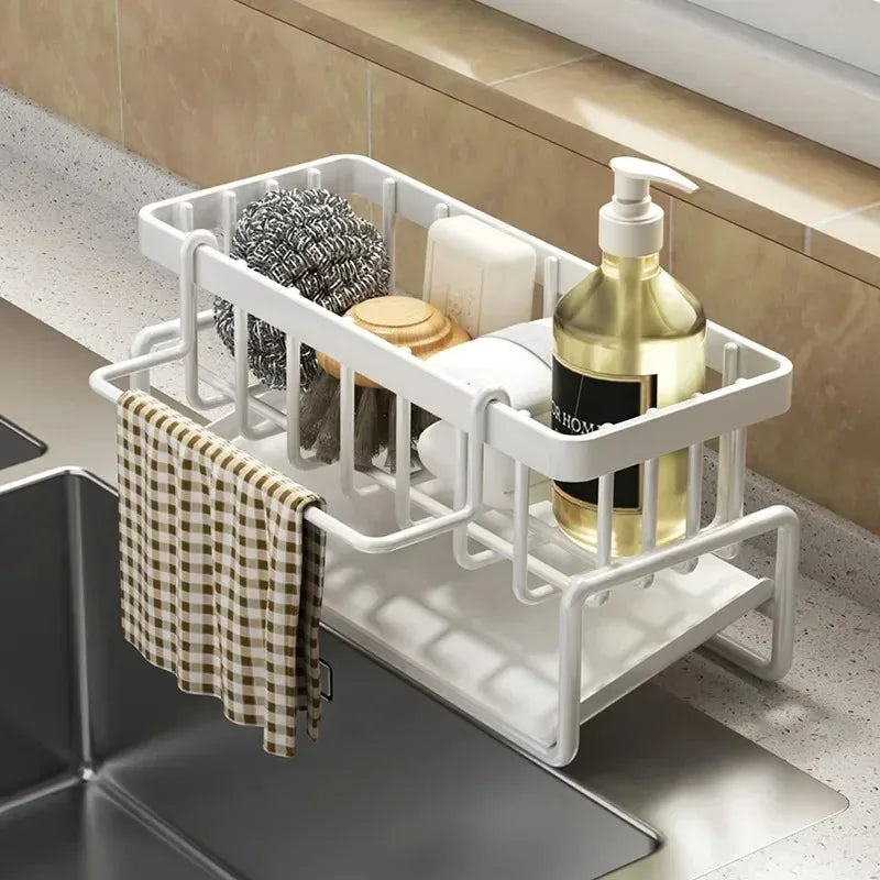 1Pc Multifunctional Plastic Kitchen Shelf, Rag Storage Drainage Rack with Hooks.