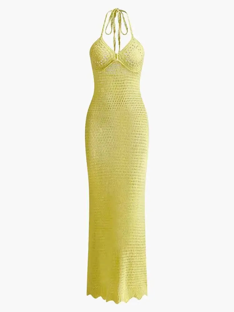 Solid Color Sexy Knit Cut Out Holiday Beach Dresses, Women 2025 Summer Sexy V-Neck  Maxi Dress.