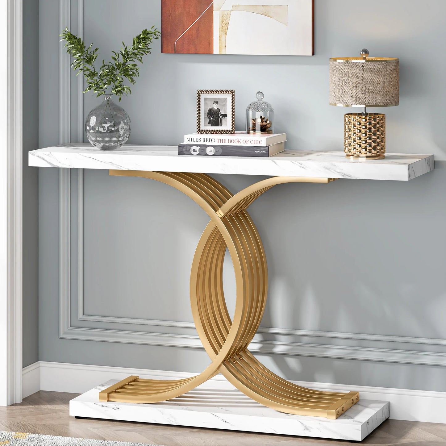 Gold Entryway Table, Modern 39-Inch Console Faux Marble Metal Legs.
