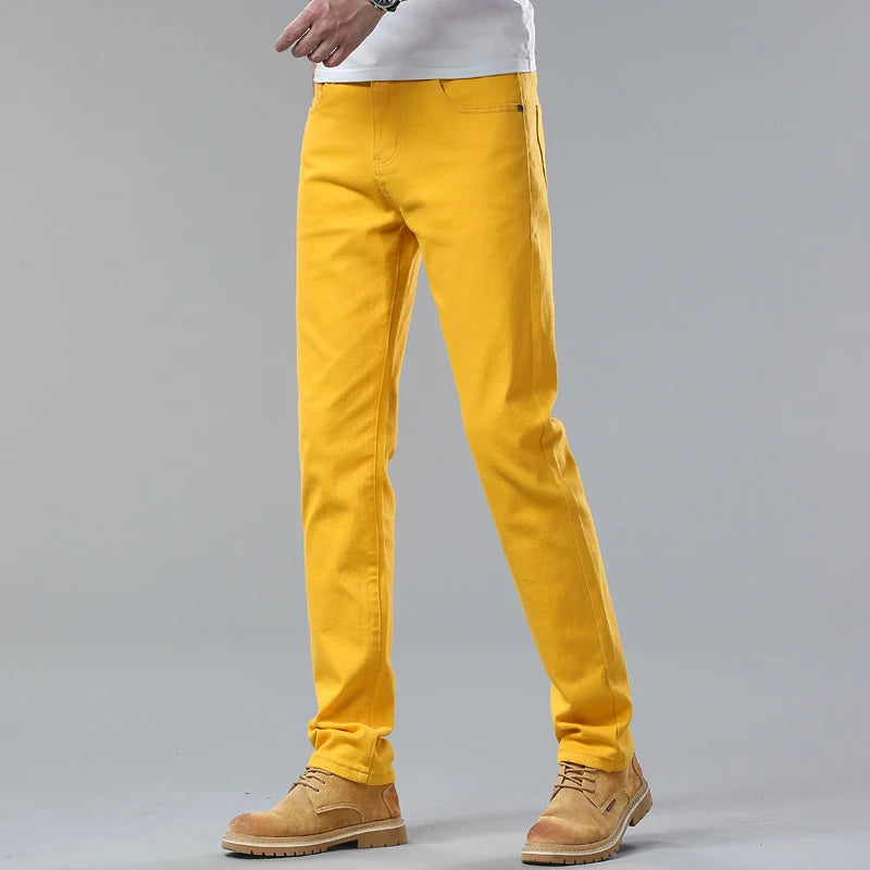 Men's White Jeans Straight Elastic Cotton Denim Pants