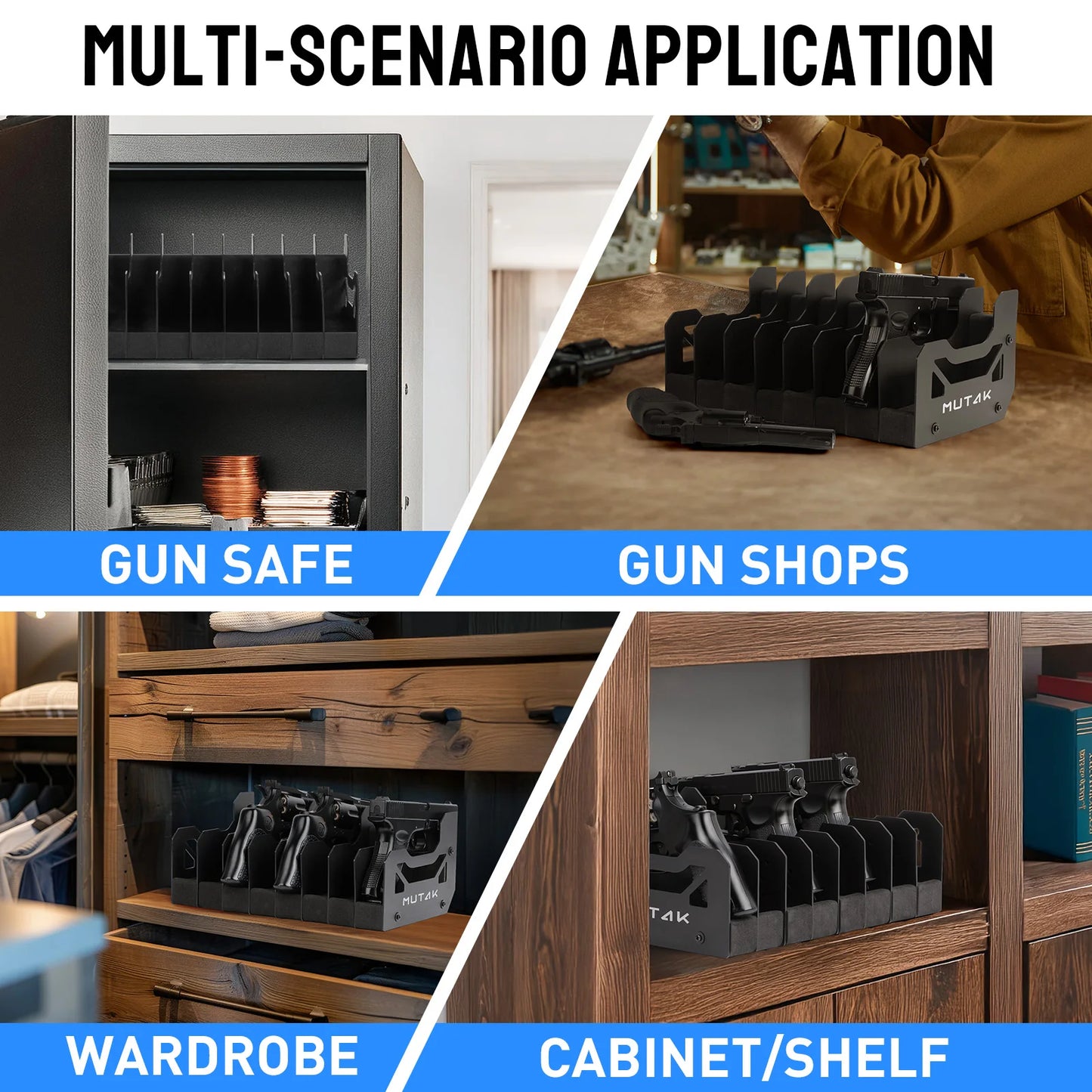 4/6/8 Slot Foam Pistol Rack for Gun Safe, Handgun Rack with Anti-slip Magnetic Strip.