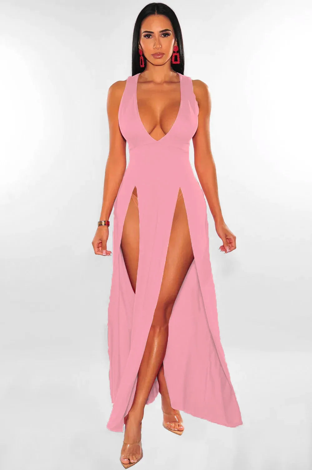 Summer New Women Sexy High Split Dresses, Sleeveless Deep V-Neck High Slit Long Party Bodycon Red Dresses.