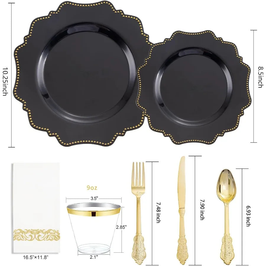 175PCS Black Dinnerware Set with Disposable Silverware for 25 Guests 50 Dinner Plates