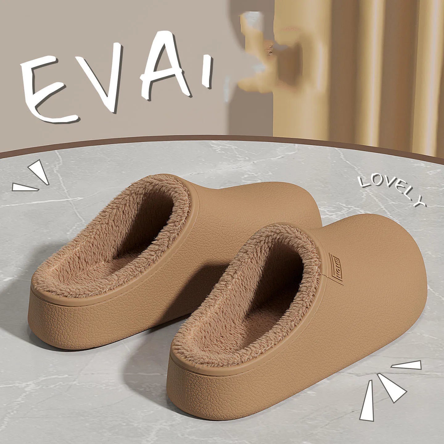 EAV waterproof slippers for autumn and winter, warm and non slip thick soled slippers.