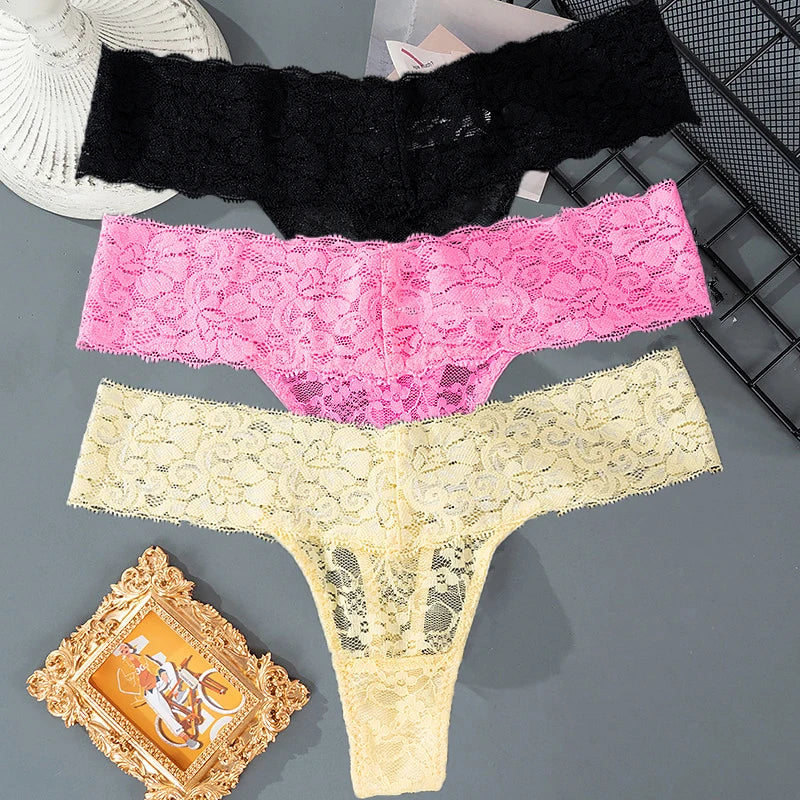 3PCS Lace Floral Women Panties ,Low Waist Breathable Briefs Female Thong Underwear M-2XL Sexy G-String Transparent Panty.