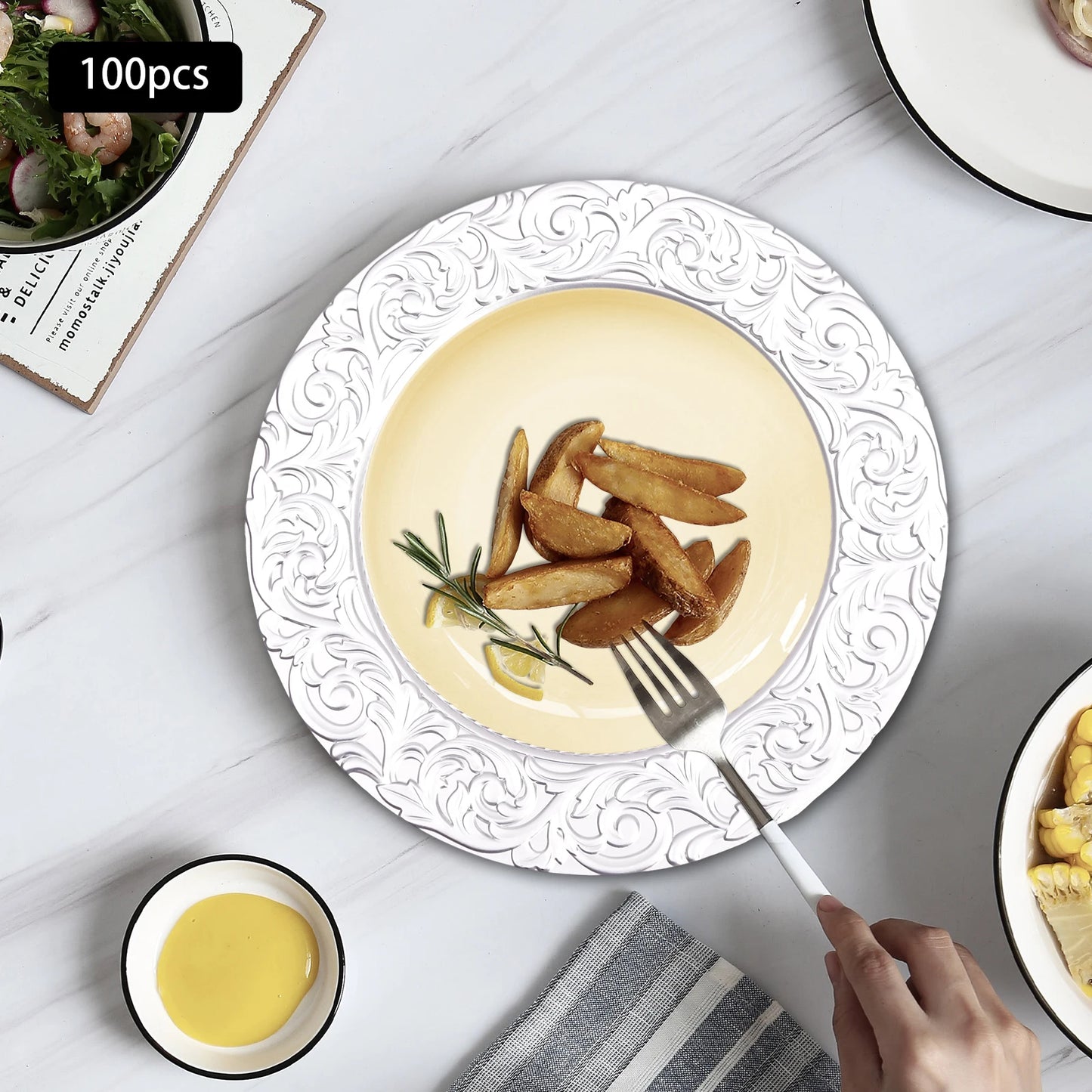 Plates 100-Piece Set Round Reusable Serving Plates, Gold, Black, Silver, Green