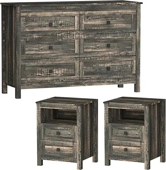 3 Pieces Bedroom Furniture Set, Rustic Wood 6 Drawer Dresser and Nightstands, Chest of Drawers.
