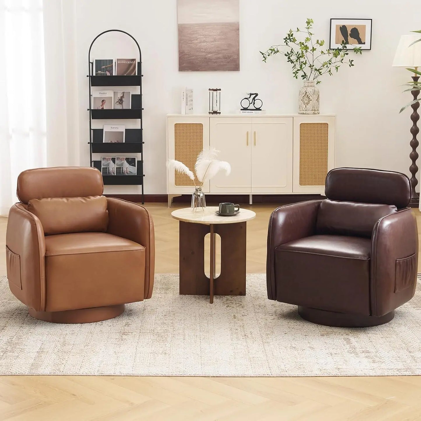 Large Swivel Accent Chair Leather round Barrel, Upholstered Armchair Modern Customized for Living Room Bedroom.