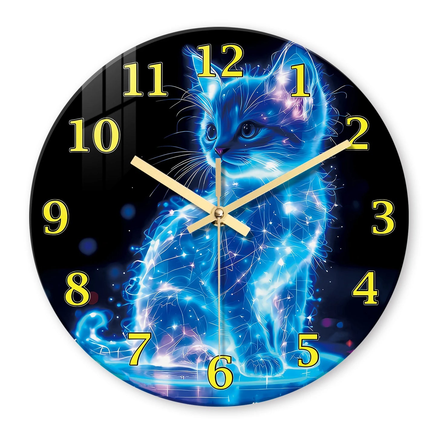 A Unique Neon Cat Tempered Glass Wall Clock, 12-24inch Round Cat-Themed Silent Clocks Powered by Batteries.(Battery not included)