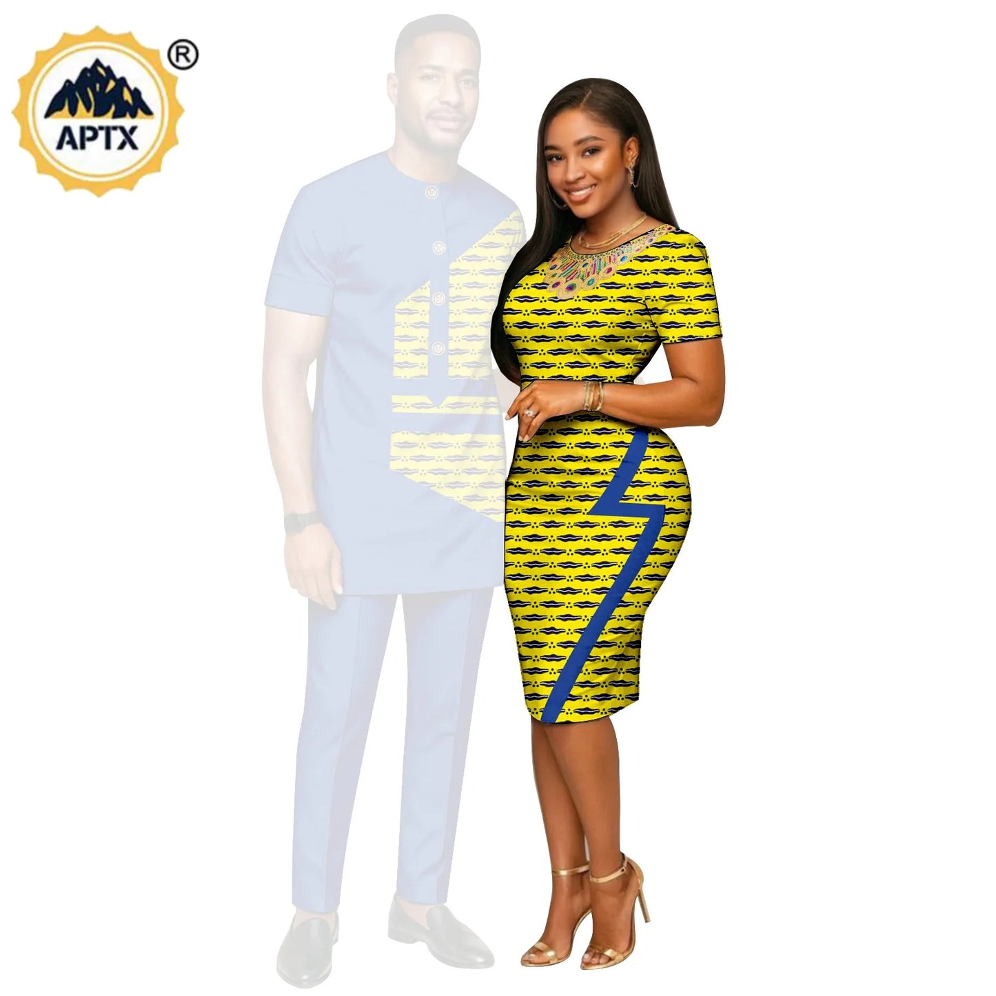 African Print Slim Hip Knee-length Dresses for Women, Matching Couple Outfits Dashiki Men Patchwork Top and Pant Sets 26C019.